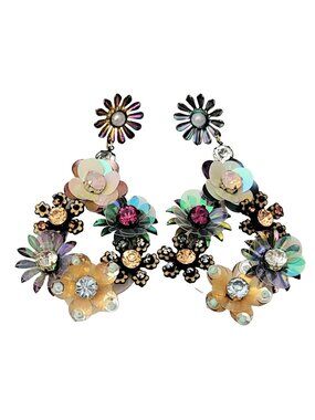 Floral, Plastics, Glass Bead, Sequin Artisan Post Drop Dangle Earrings